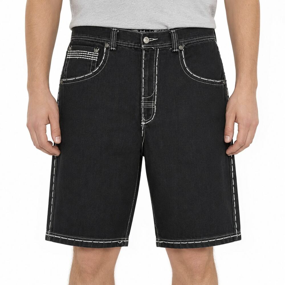 Ablanche Shorts Mens 40 Black Denim Embellished High-Rise 5-Pockets Baggy